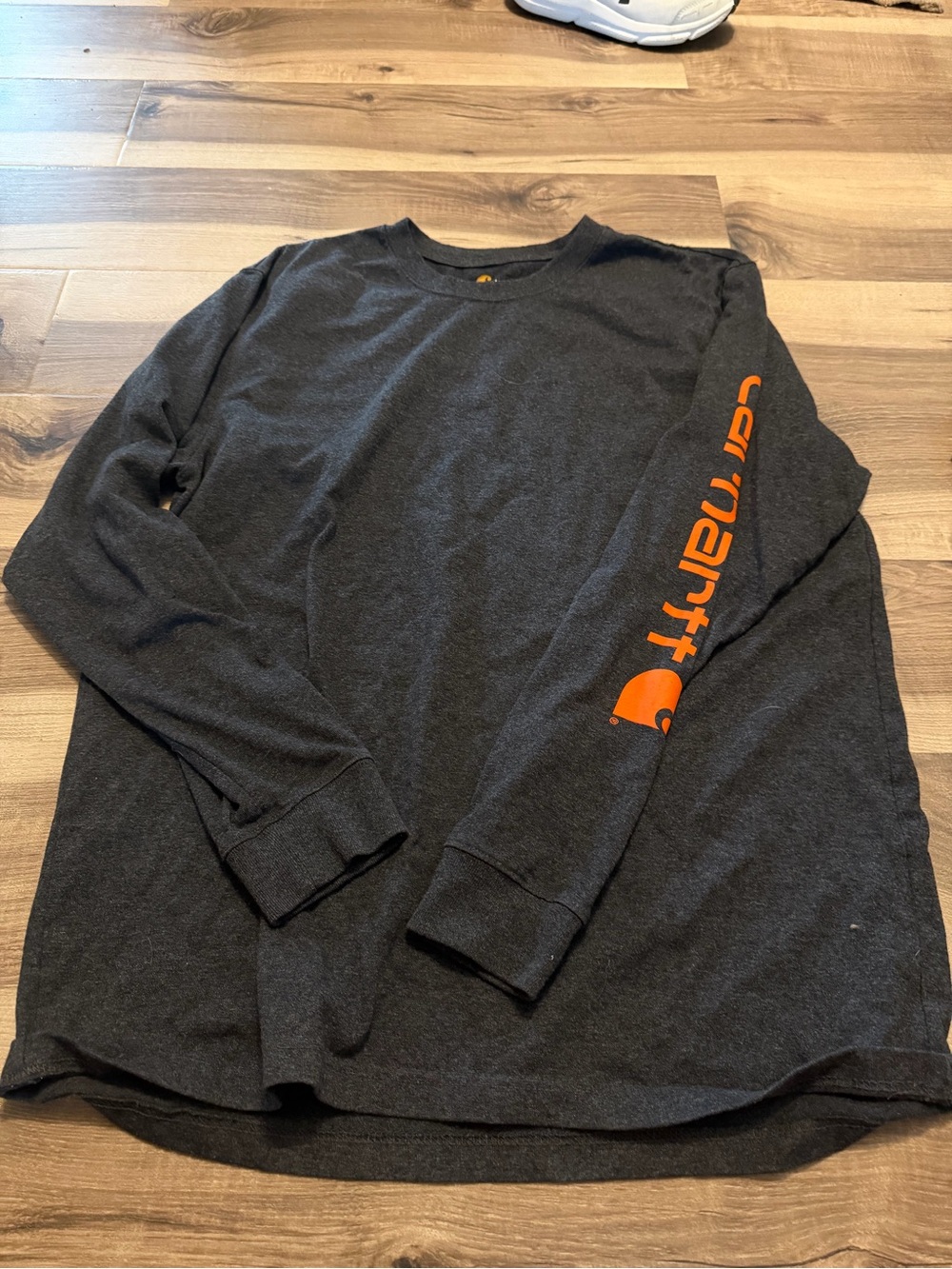 Carhartt Charcoal Long Sleeve Tee with Orange Sleeve Logo